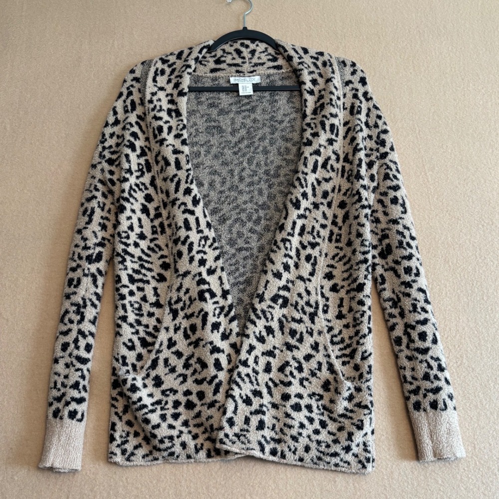Rachel Zoe Leopard Print Open Front Cardigan Sweater Tan Black XS